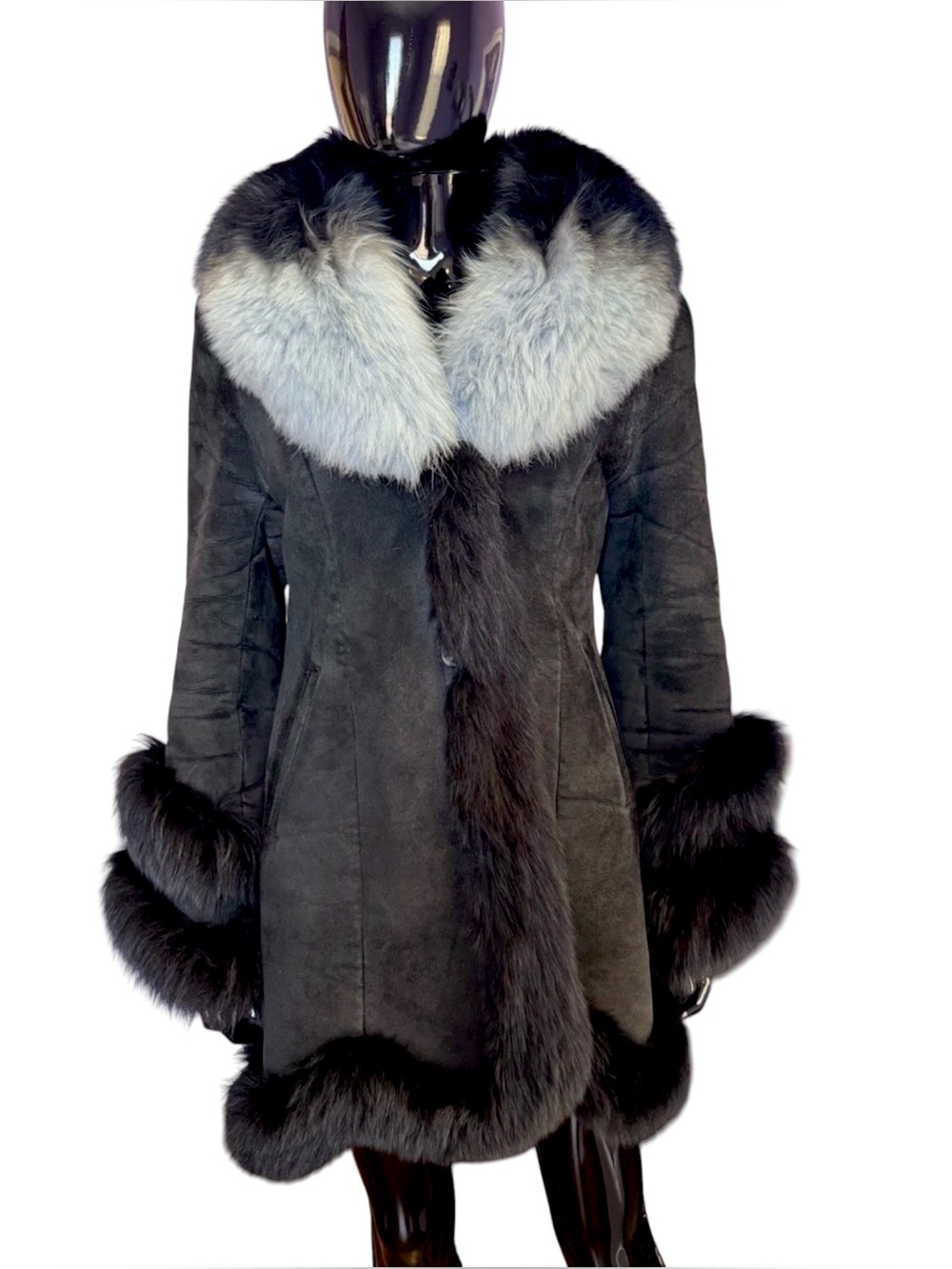Women's Black shearling Coat with Grey fox Fur Trim